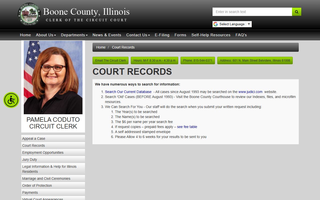 Boone County Circuit Clerk court records page showing family court search options