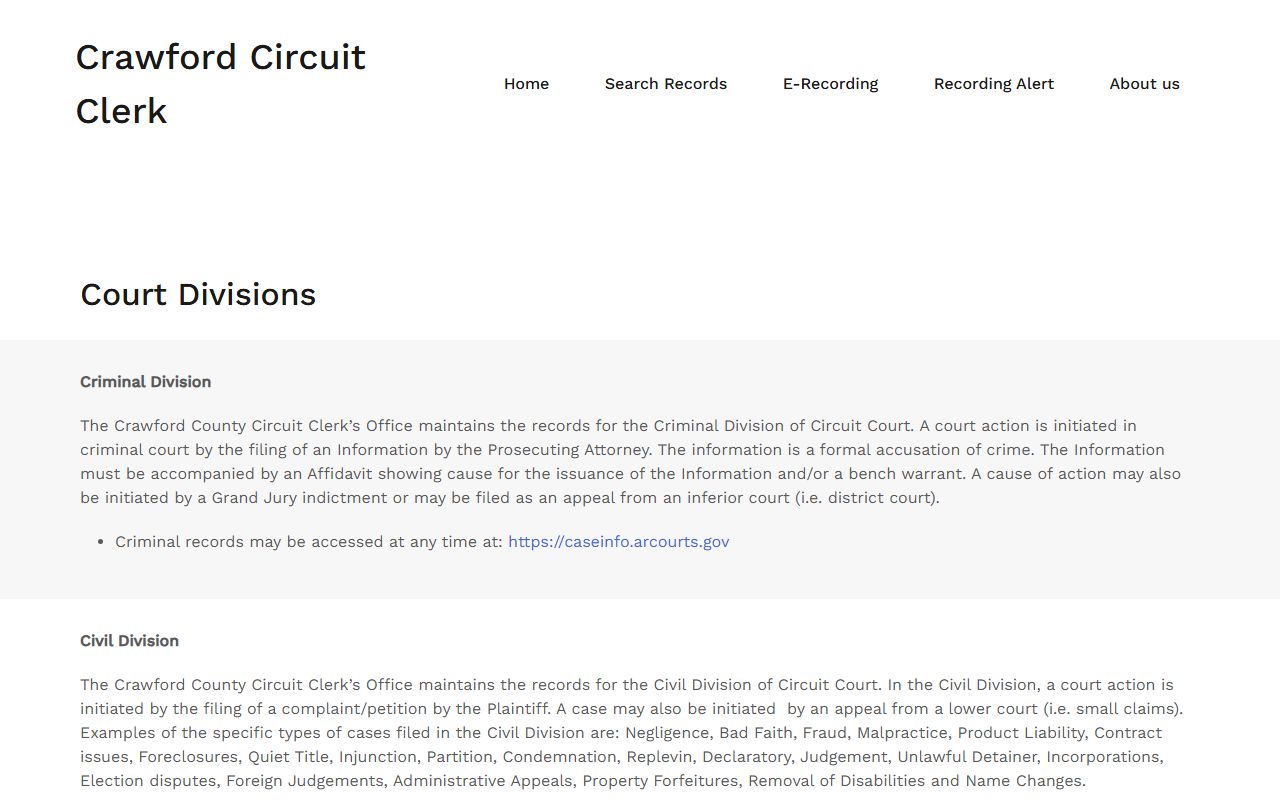 Crawford County court divisions page showing domestic relations cases and family court filings