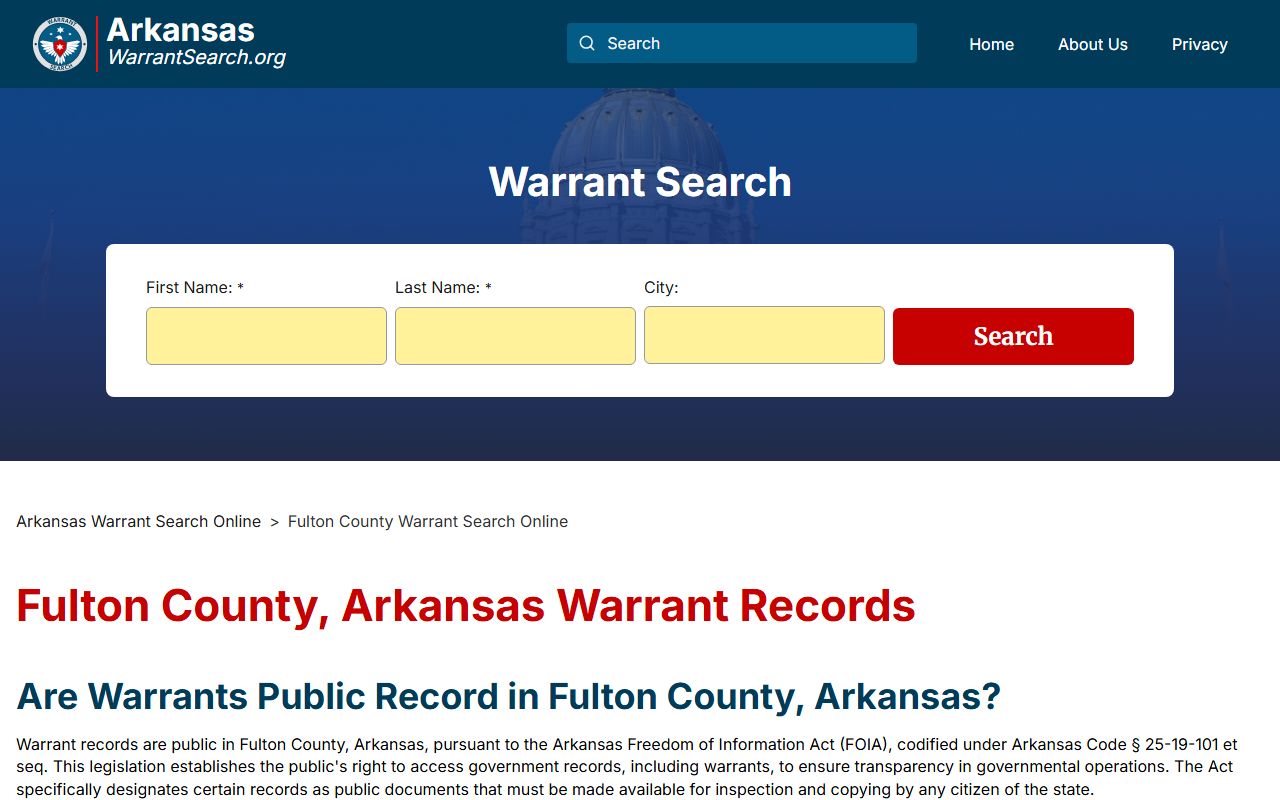 Fulton County warrant search portal showing court record access options in Salem, Arkansas