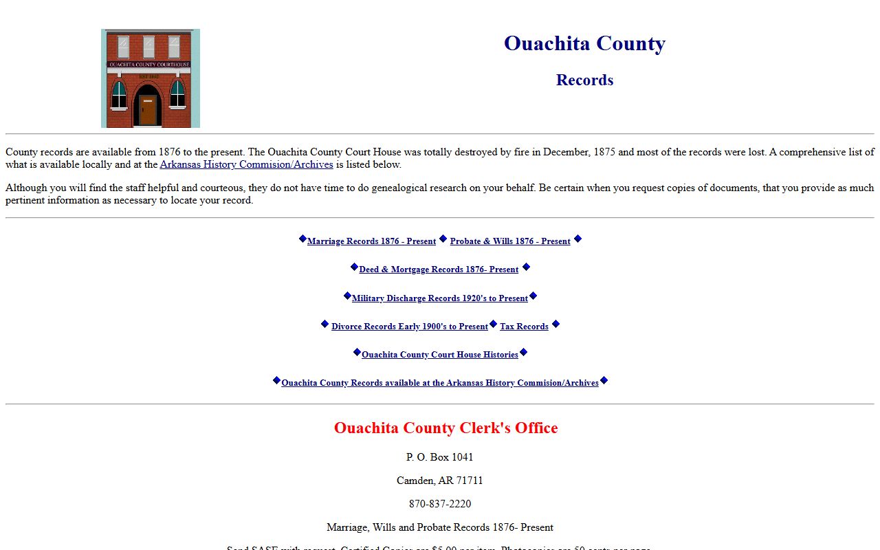 Ouachita County ARGenWeb records for historical family court and divorce records